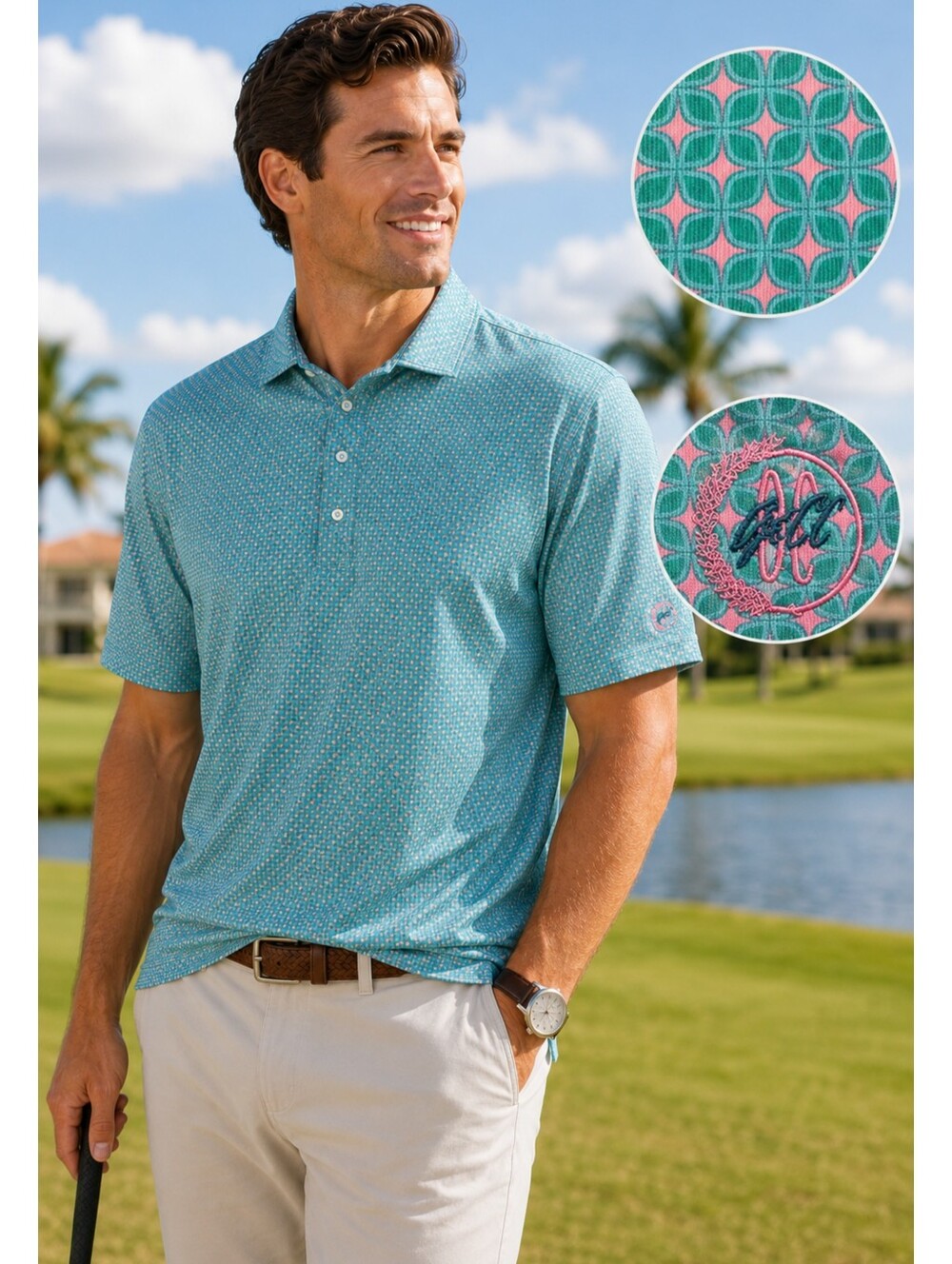 Turtleson Performance Stretch Golf Polo Seafoam Pink Tropical Geometric Print XL